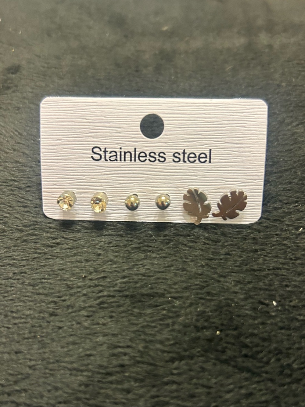 Stainless Steel 3 Pair Stud Earring Set Crystal Ball & Leaf Minimalist Earrings
